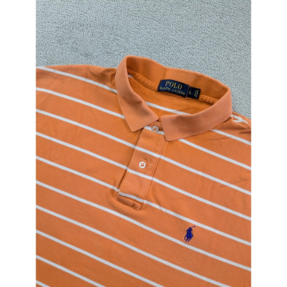 Polo Ralph Lauren Mens Large Orange White Striped Short Sleeve Pique Polo Shirt